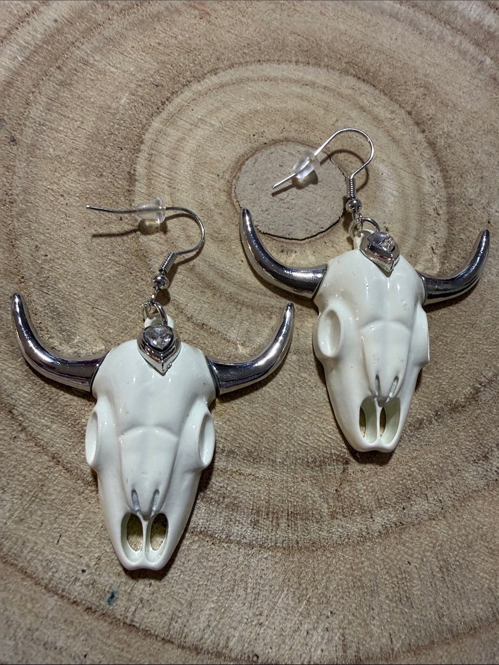 New Women’s 3” White Bull Skull Dangle Earrings enameled glitz on head
